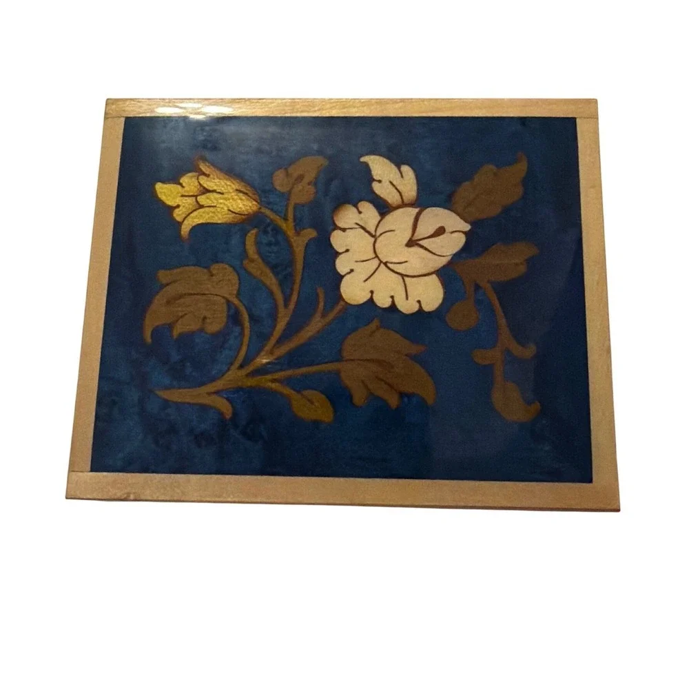 Reuge Italy Musical Jewelry Box Blue Wood Marquetry Floral Inlay Vintage Swiss